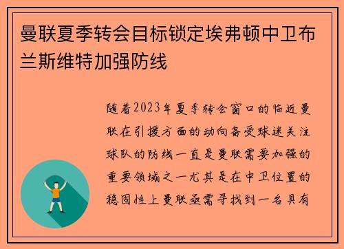 曼联夏季转会目标锁定埃弗顿中卫布兰斯维特加强防线